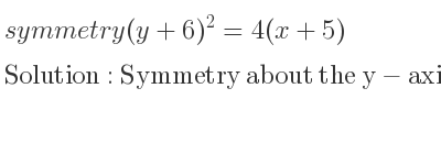 The symmetry (y+6)^2=4(x+5) is Symmetry about the y-axis